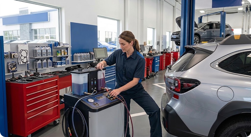 Briggs Subaru of Topeka technician connecting diagnostic equipment to a Subaru during scheduled maintenance service