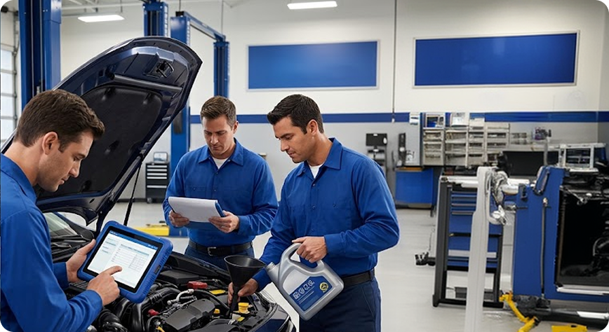 Briggs Subaru of Topeka service team checking fluid levels and engine components under the hood of a Subaru
