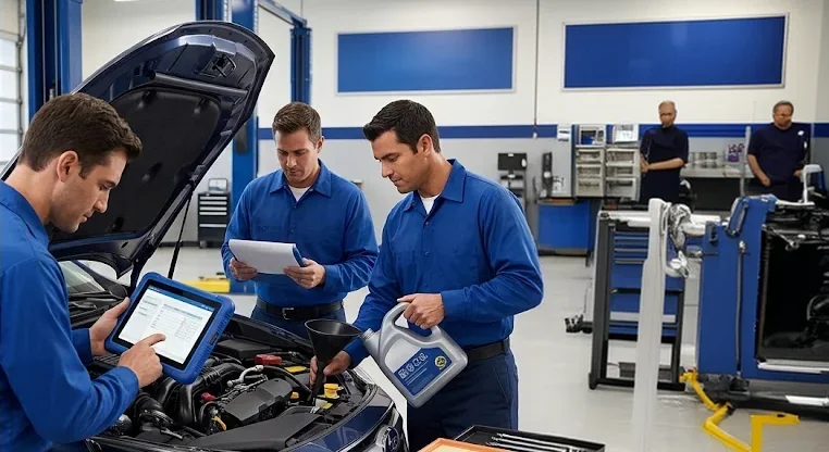 Briggs Subaru of Topeka service team checking fluid levels and engine components under the hood of a Subaru