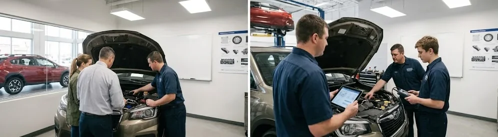 Briggs Subaru of Topeka service advisor reviewing a 6,000-mile maintenance inspection with a customer in Topeka, KS