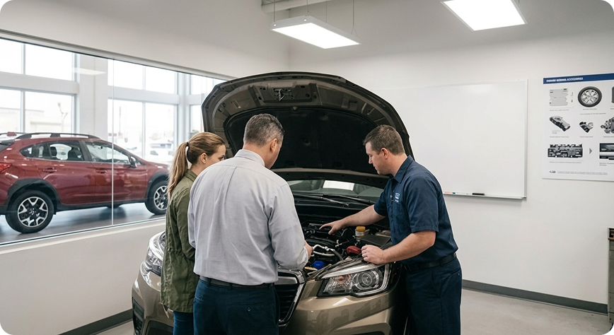 Briggs Subaru of Topeka service advisor reviewing a 6,000-mile maintenance inspection with customers in Topeka, KS