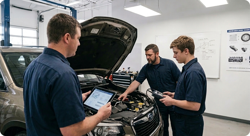 Briggs Subaru of Topeka technicians running a diagnostic check during 6,000-mile scheduled maintenance service