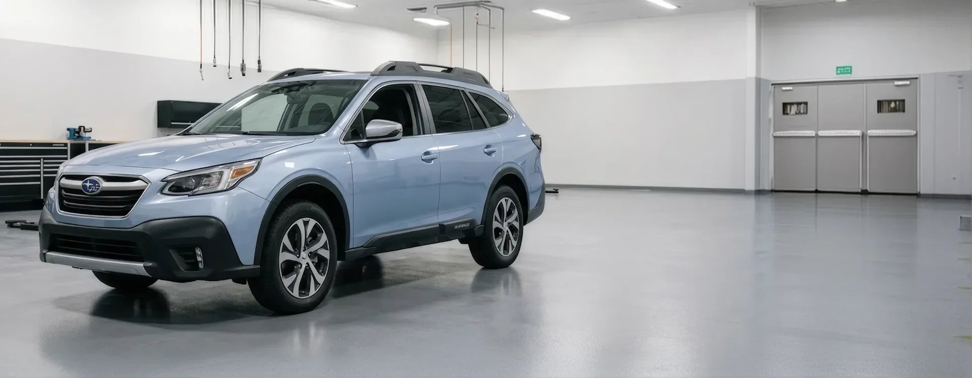 Subaru Outback in the Briggs Subaru of Topeka service bay for wheel alignment service in Topeka, KS