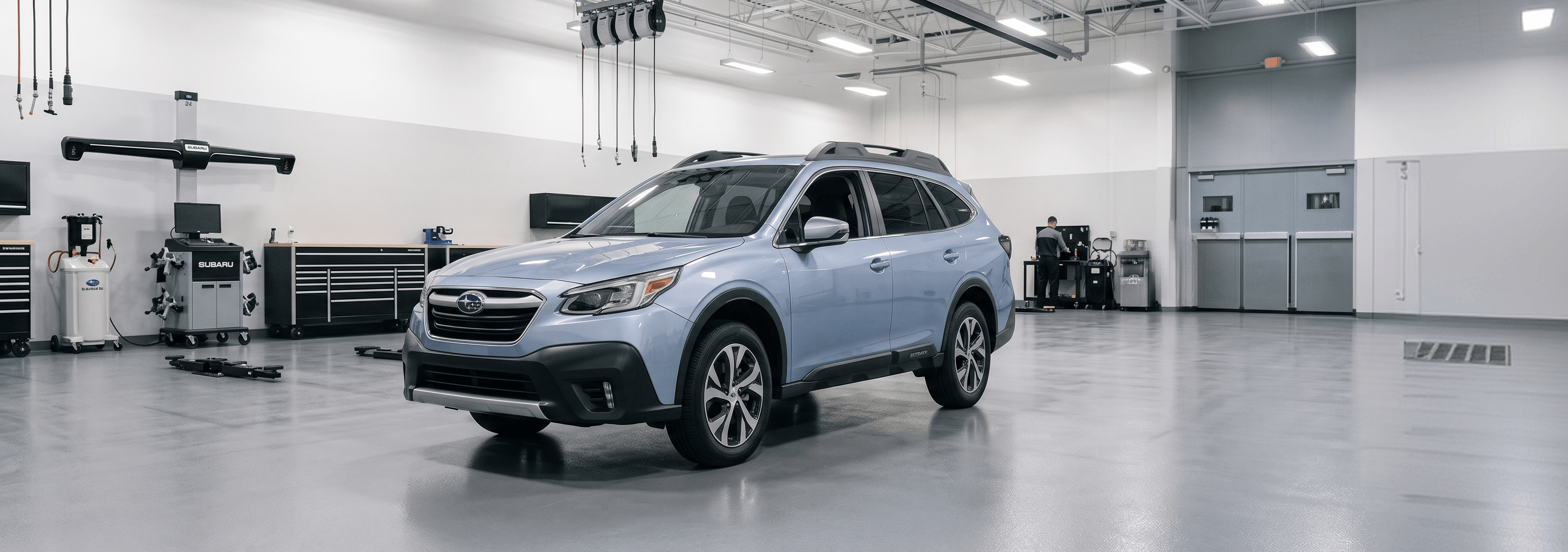 Subaru Outback in the Briggs Subaru of Topeka service bay for wheel alignment service in Topeka, KS