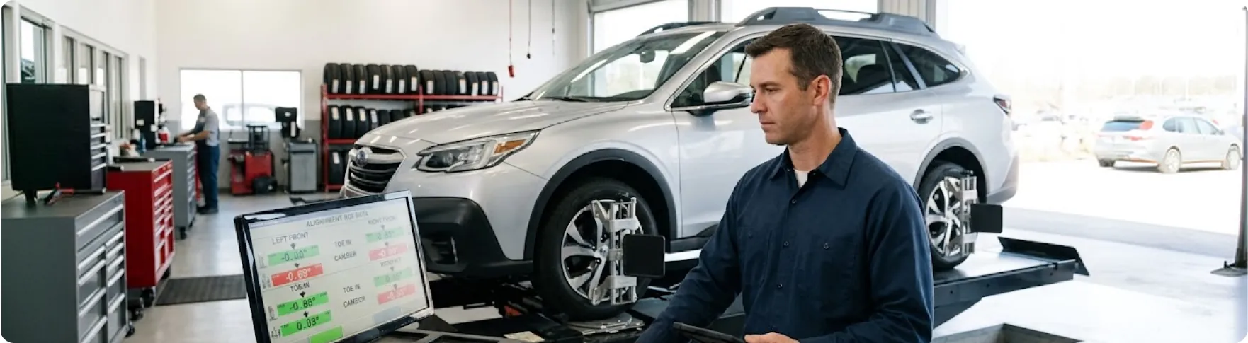 Briggs Subaru of Topeka technician running a wheel alignment on a Subaru Outback with the alignment readings on screen