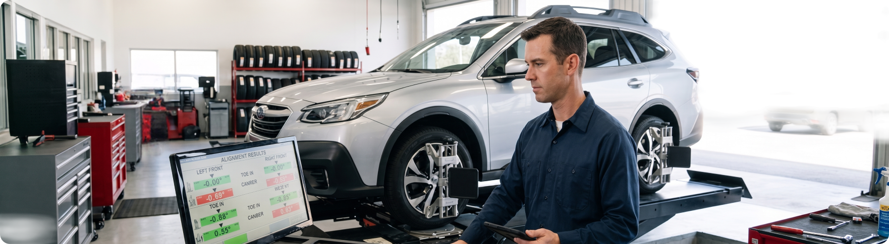 Briggs Subaru of Topeka technician running a wheel alignment on a Subaru Outback with the alignment readings on screen
