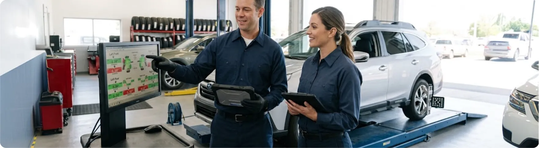 Subaru trained and certified technicians reviewing wheel alignment readings at Briggs Subaru of Topeka