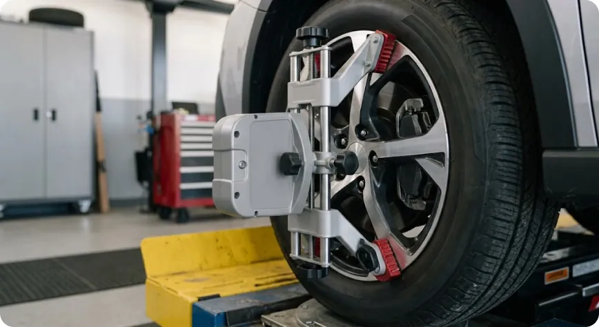 Close-up of an alignment sensor clamped to a Subaru wheel during wheel alignment service