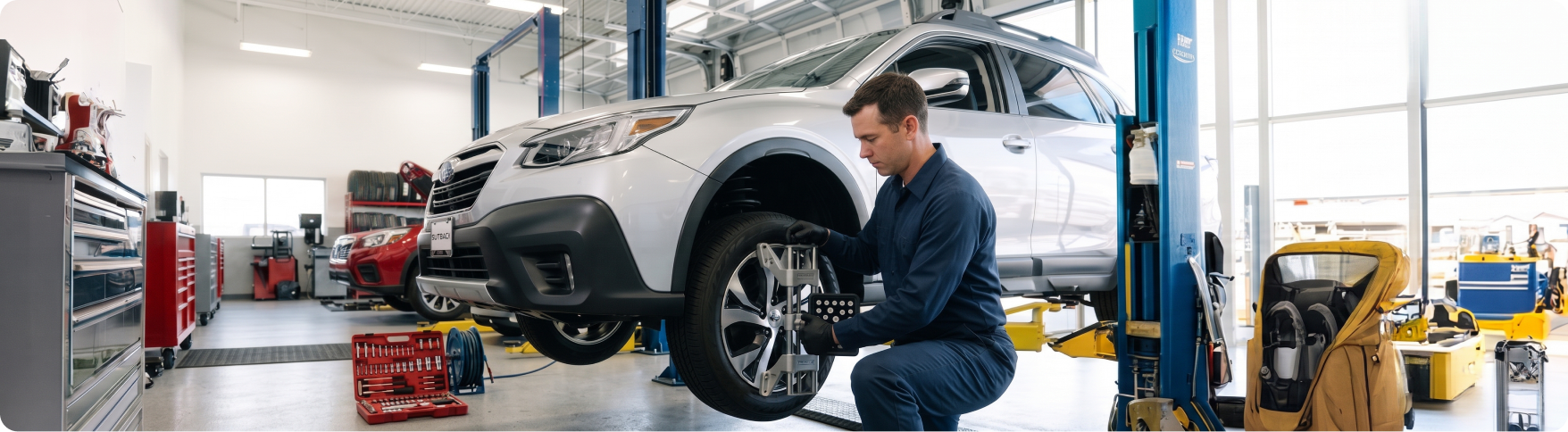 Briggs Subaru of Topeka technician fitting alignment sensors to a Subaru Outback wheel in Topeka, KS
