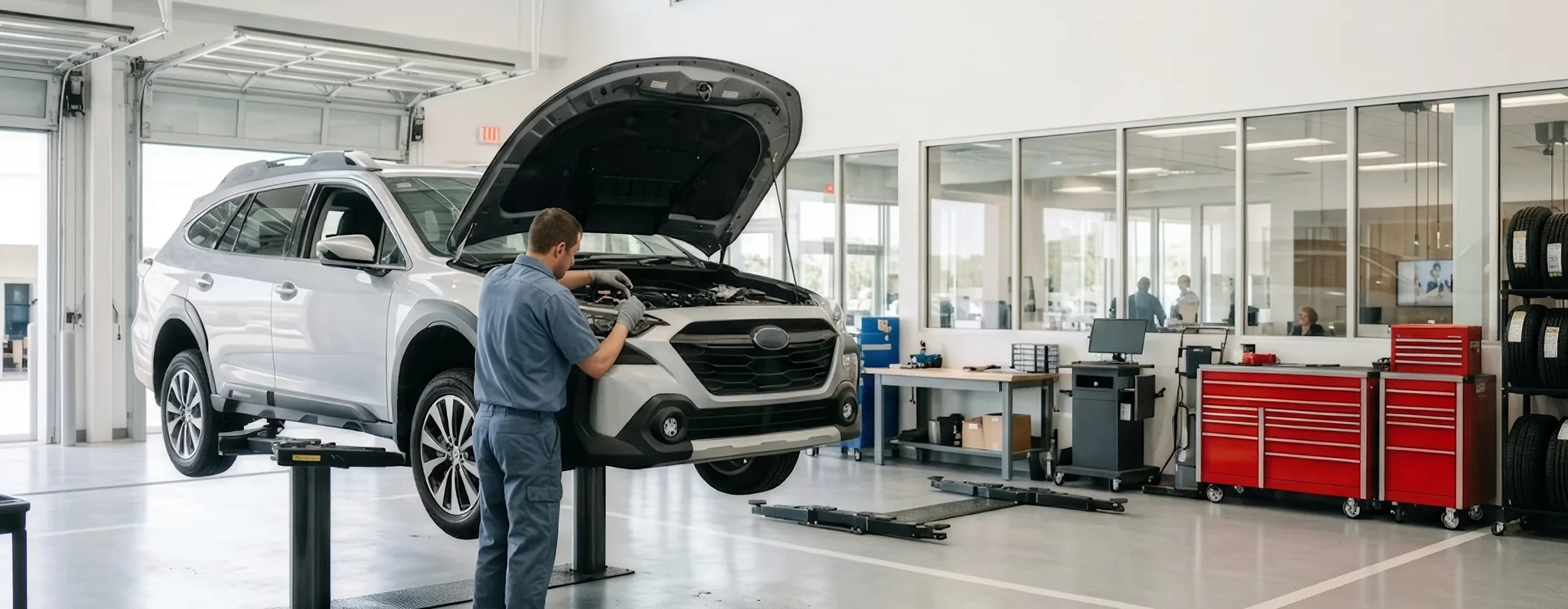 Briggs Subaru of Topeka technician diagnosing a check engine light under the hood of a Subaru Outback in the Topeka, KS service center