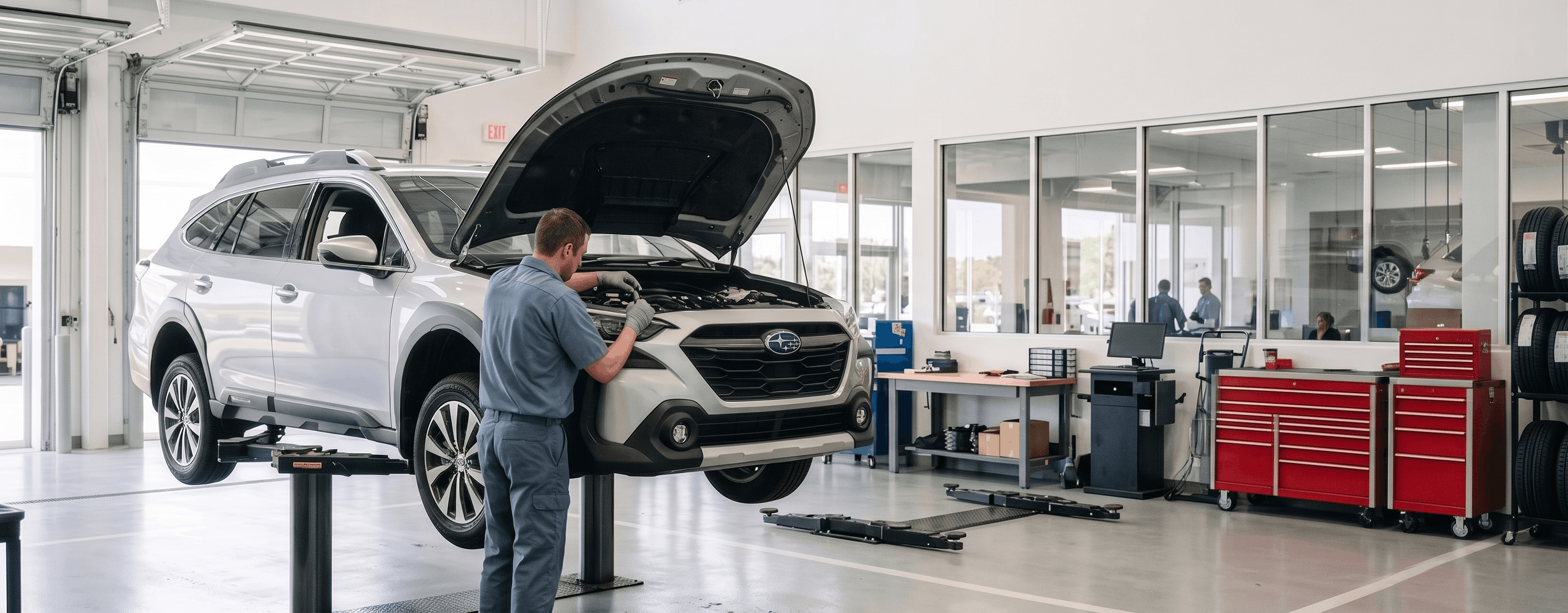 Briggs Subaru of Topeka technician diagnosing a check engine light under the hood of a Subaru Outback in the Topeka, KS service center