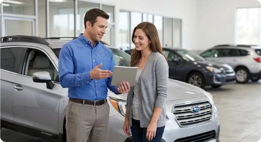 Briggs Subaru of Topeka service advisor walking a customer through their check engine light diagnostic results