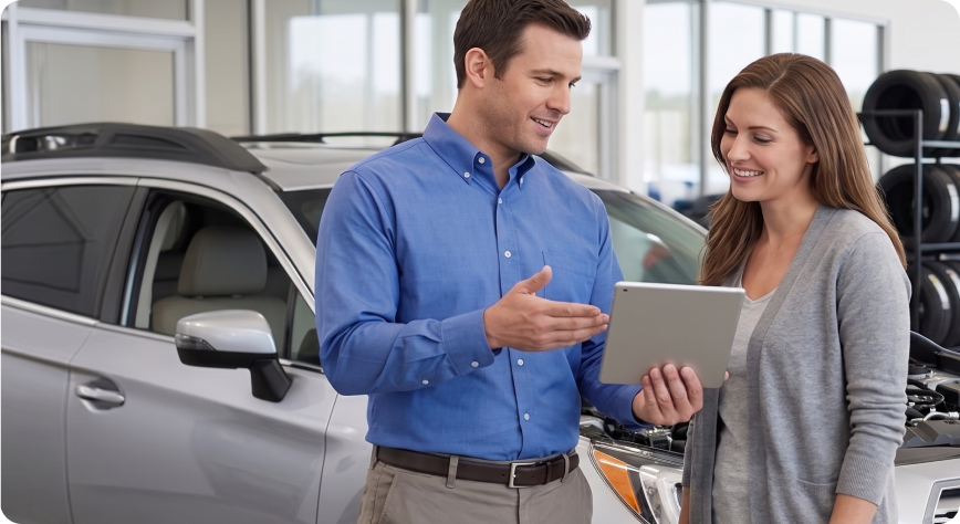 Briggs Subaru of Topeka service advisor walking a customer through their check engine light diagnostic results