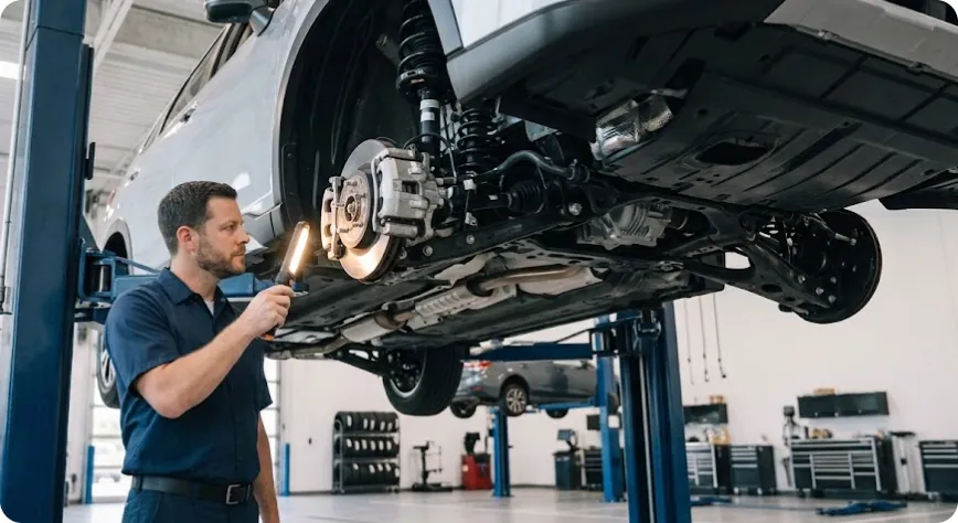 Briggs Subaru of Topeka technician inspecting a Subaru on the lift after a check engine light diagnostic