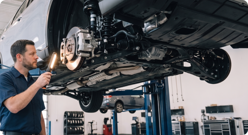 Briggs Subaru of Topeka technician inspecting a Subaru on the lift after a check engine light diagnostic