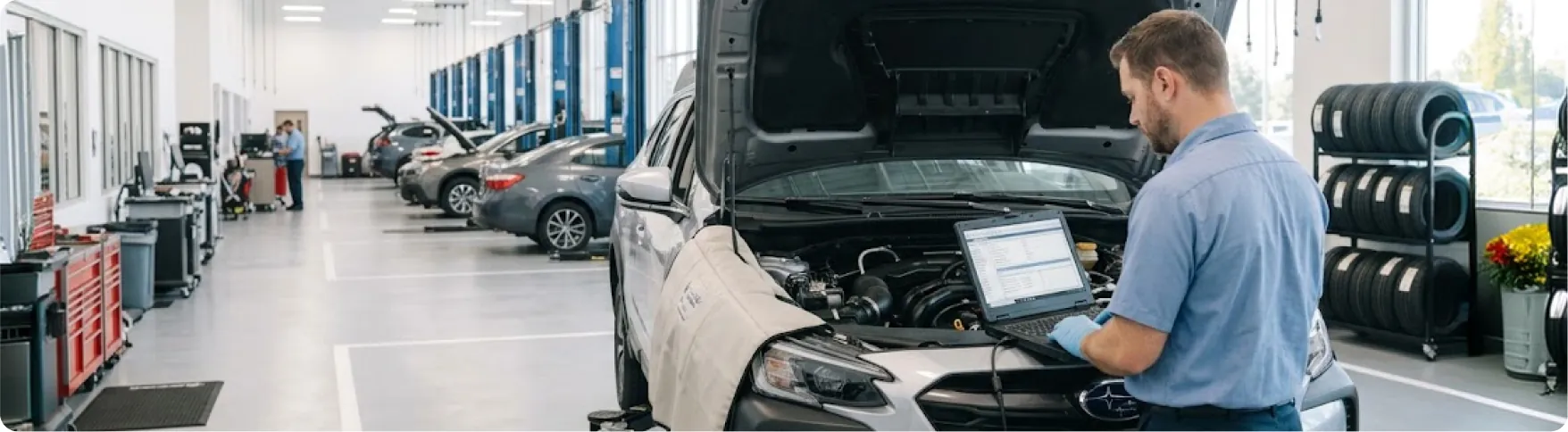 Briggs Subaru of Topeka technician running engine diagnostic scans on a Subaru with specialized equipment in Topeka, KS