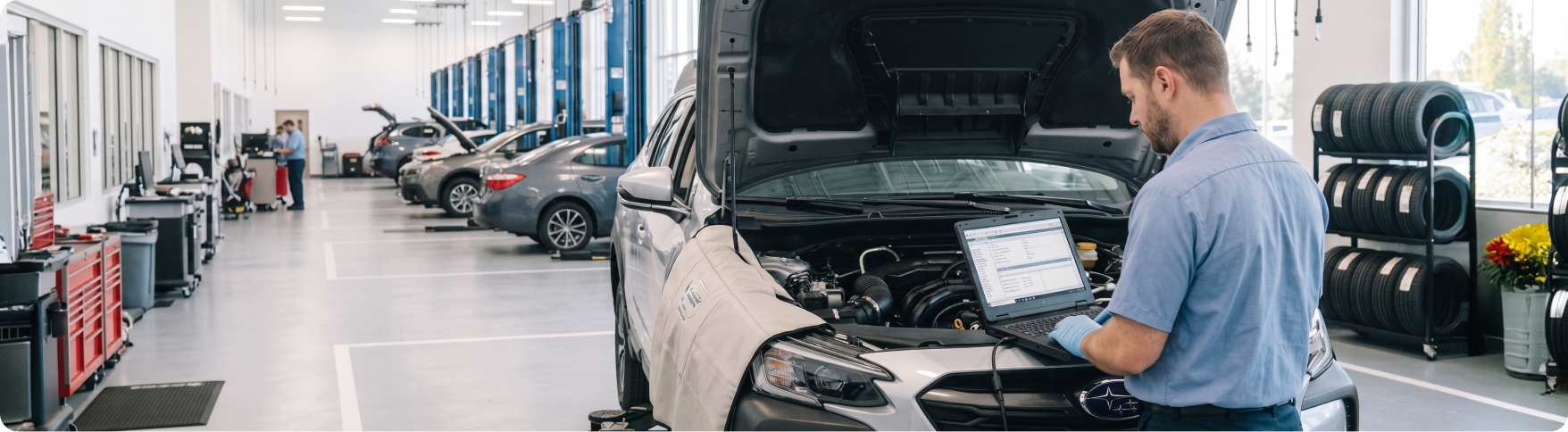 Briggs Subaru of Topeka technician running engine diagnostic scans on a Subaru with specialized equipment in Topeka, KS