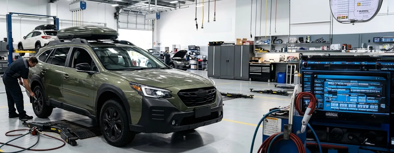 Briggs Subaru of Topeka technician servicing a Subaru Outback during a differential fluid exchange in the Topeka, KS service center