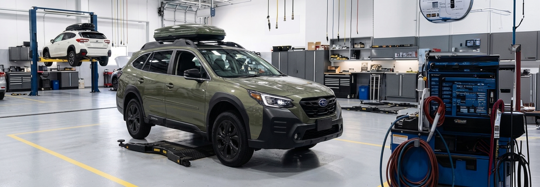 Briggs Subaru of Topeka technician servicing a Subaru Outback during a differential fluid exchange in the Topeka, KS service center