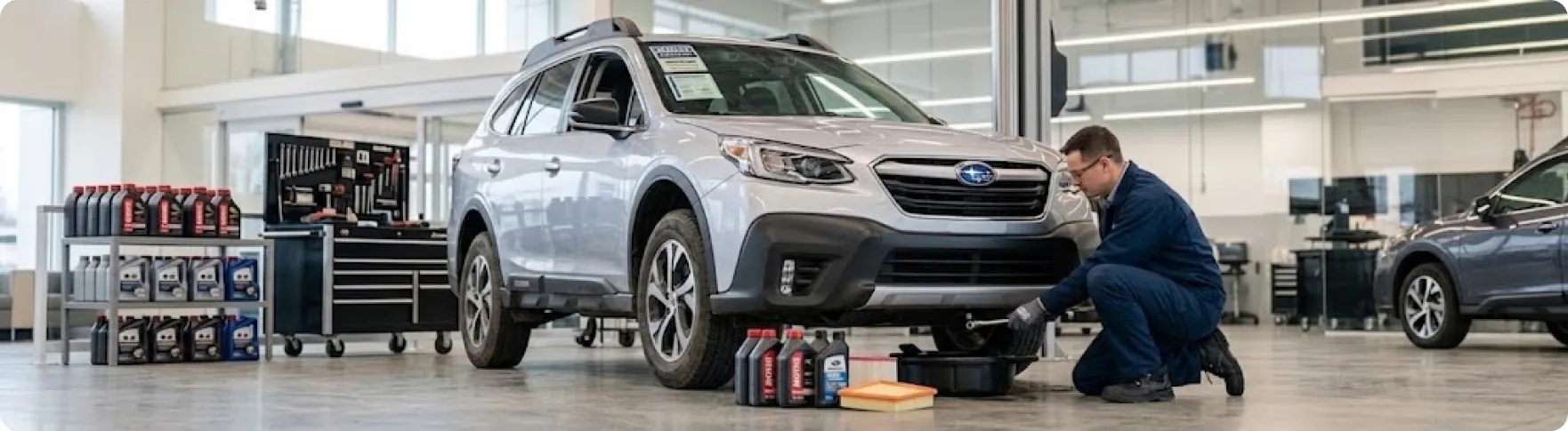 Briggs Subaru of Topeka technician draining differential fluid from a Subaru Outback with fresh fluid ready alongside