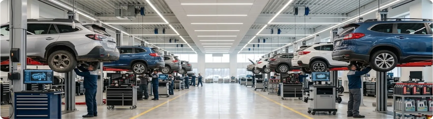 Subaru trained and certified technicians working across the service bays at Briggs Subaru of Topeka