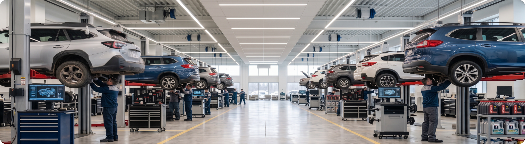 Subaru trained and certified technicians working across the service bays at Briggs Subaru of Topeka