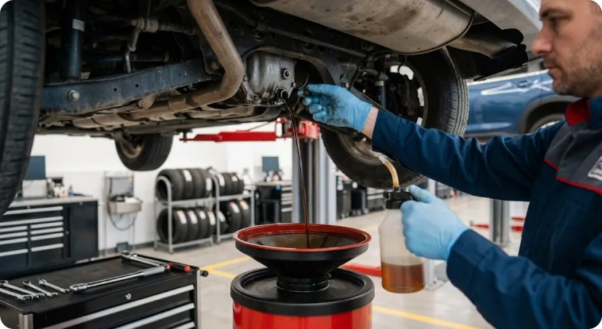 Close-up of a Briggs Subaru of Topeka technician draining used differential fluid and refilling with clean fluid