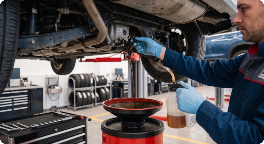 Close-up of a Briggs Subaru of Topeka technician draining used differential fluid and refilling with clean fluid