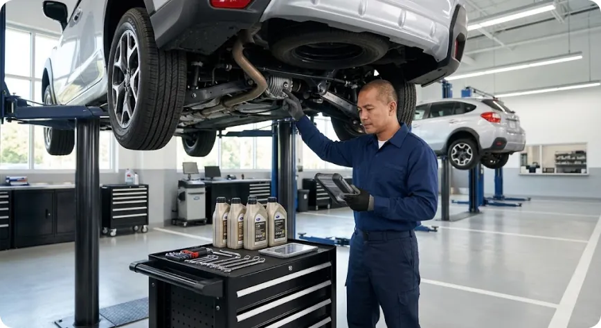 Briggs Subaru of Topeka technician inspecting a Subaru differential on the lift with fresh fluid ready to go in