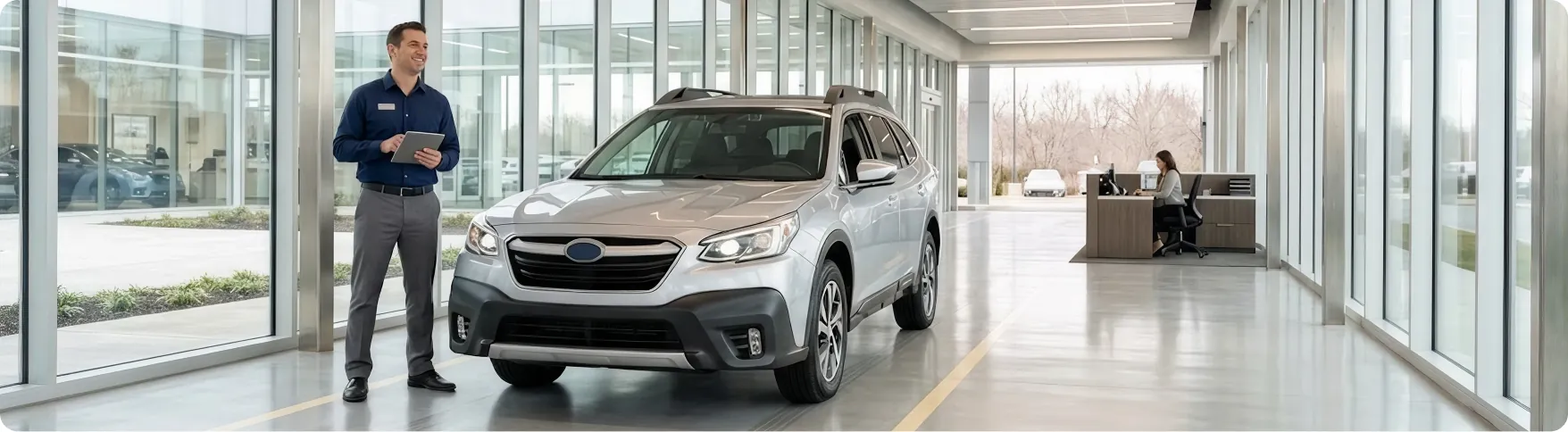 Briggs Subaru of Topeka service advisor reviewing differential fluid exchange recommendations beside a Subaru Outback in Topeka, KS