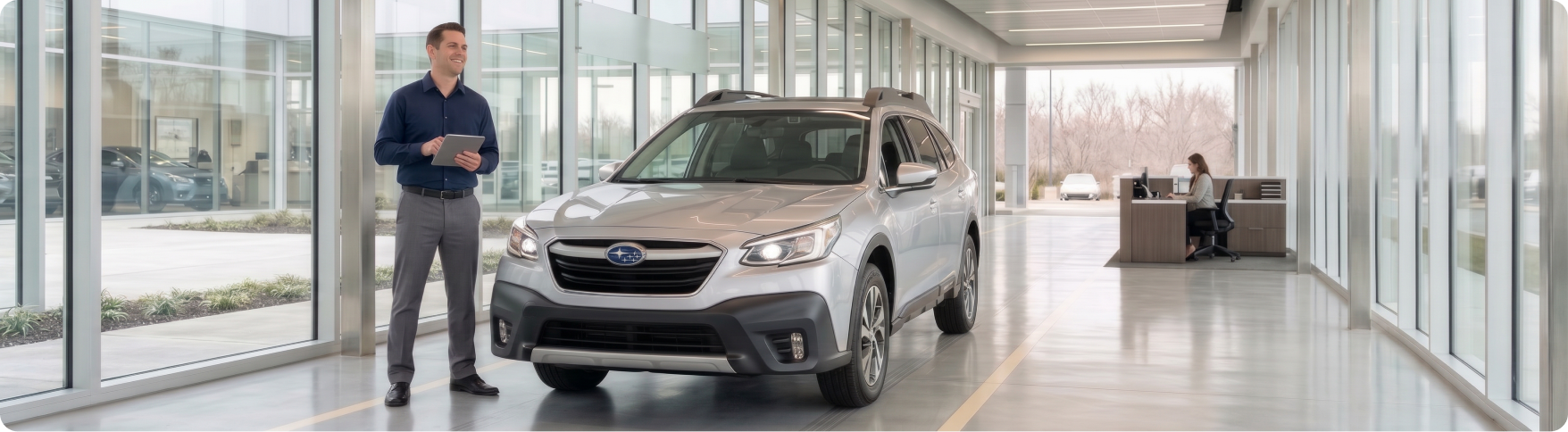 Briggs Subaru of Topeka service advisor reviewing differential fluid exchange recommendations beside a Subaru Outback in Topeka, KS