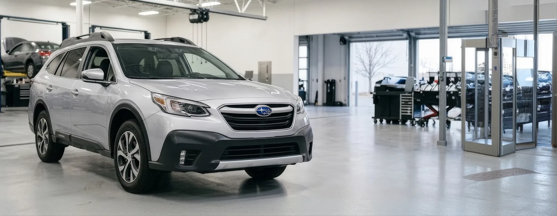 Subaru Outback in the Briggs Subaru of Topeka service bay for front engine cover reseal service in Topeka, KS