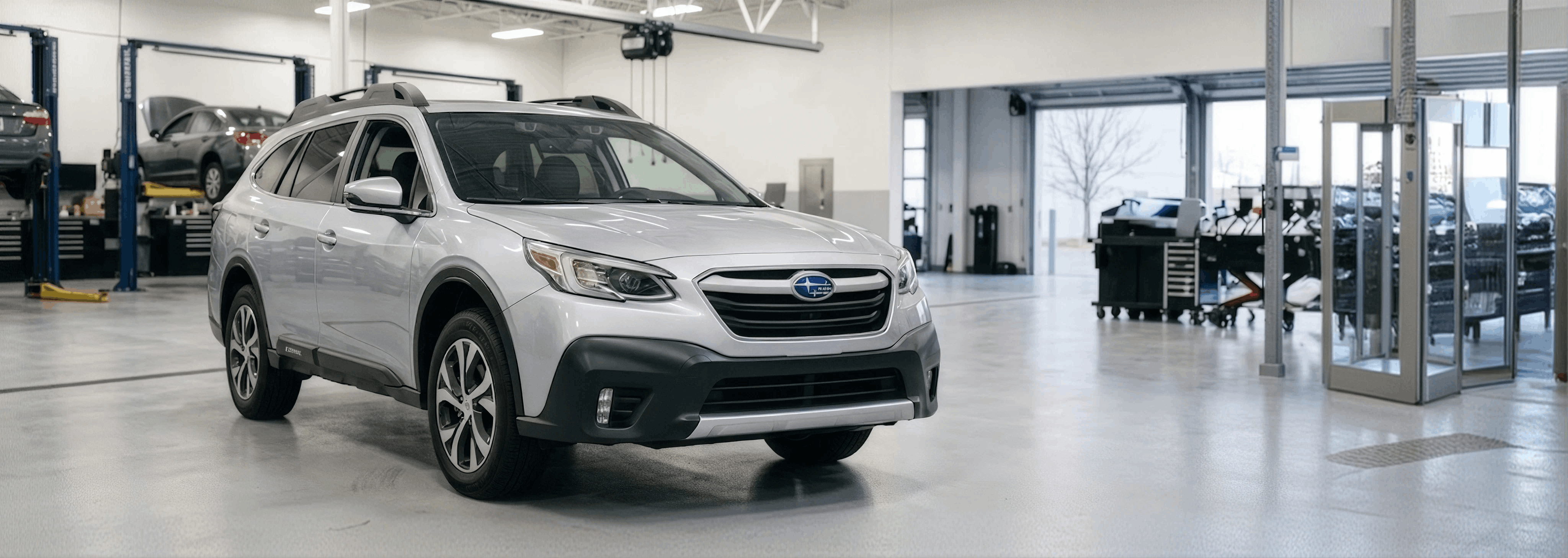 Subaru Outback in the Briggs Subaru of Topeka service bay for front engine cover reseal service in Topeka, KS