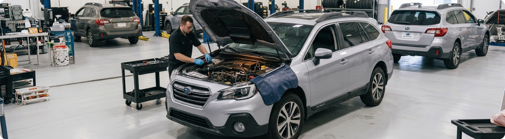 Briggs Subaru of Topeka technician working at the front of a Subaru Outback engine during a reseal service
