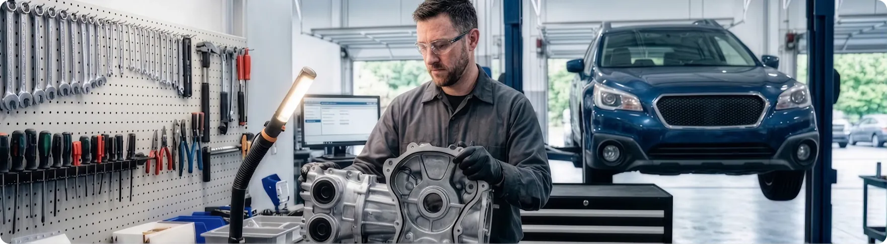 Subaru trained and certified technician cleaning a Subaru front engine cover before resealing it