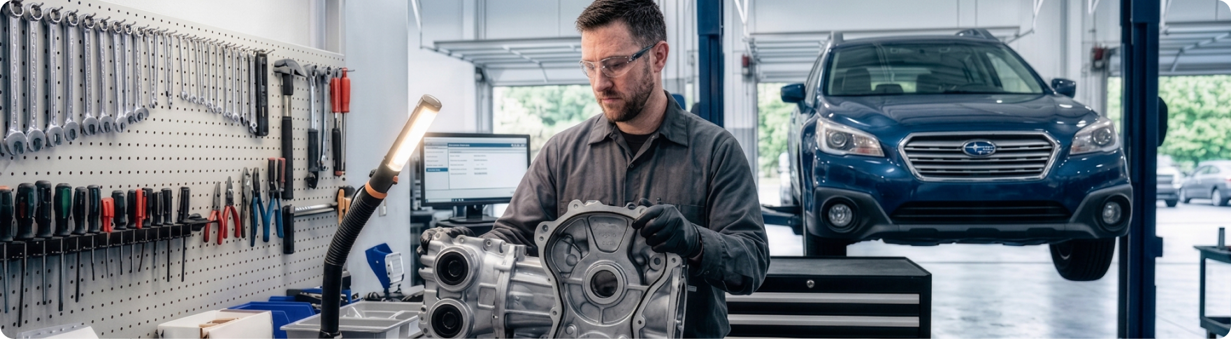 Subaru trained and certified technician cleaning a Subaru front engine cover before resealing it