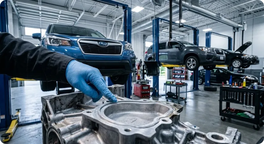Close-up of a Subaru front engine cover sealing surface being prepared at Briggs Subaru of Topeka