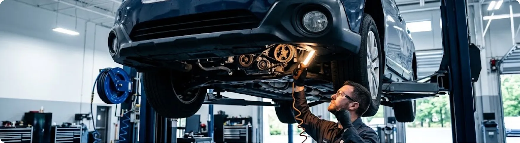 Briggs Subaru of Topeka technician inspecting the front engine cover of a raised Subaru for oil leaks in Topeka, KS