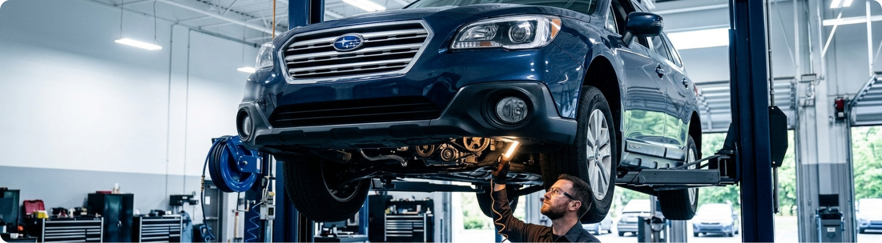 Briggs Subaru of Topeka technician inspecting the front engine cover of a raised Subaru for oil leaks in Topeka, KS