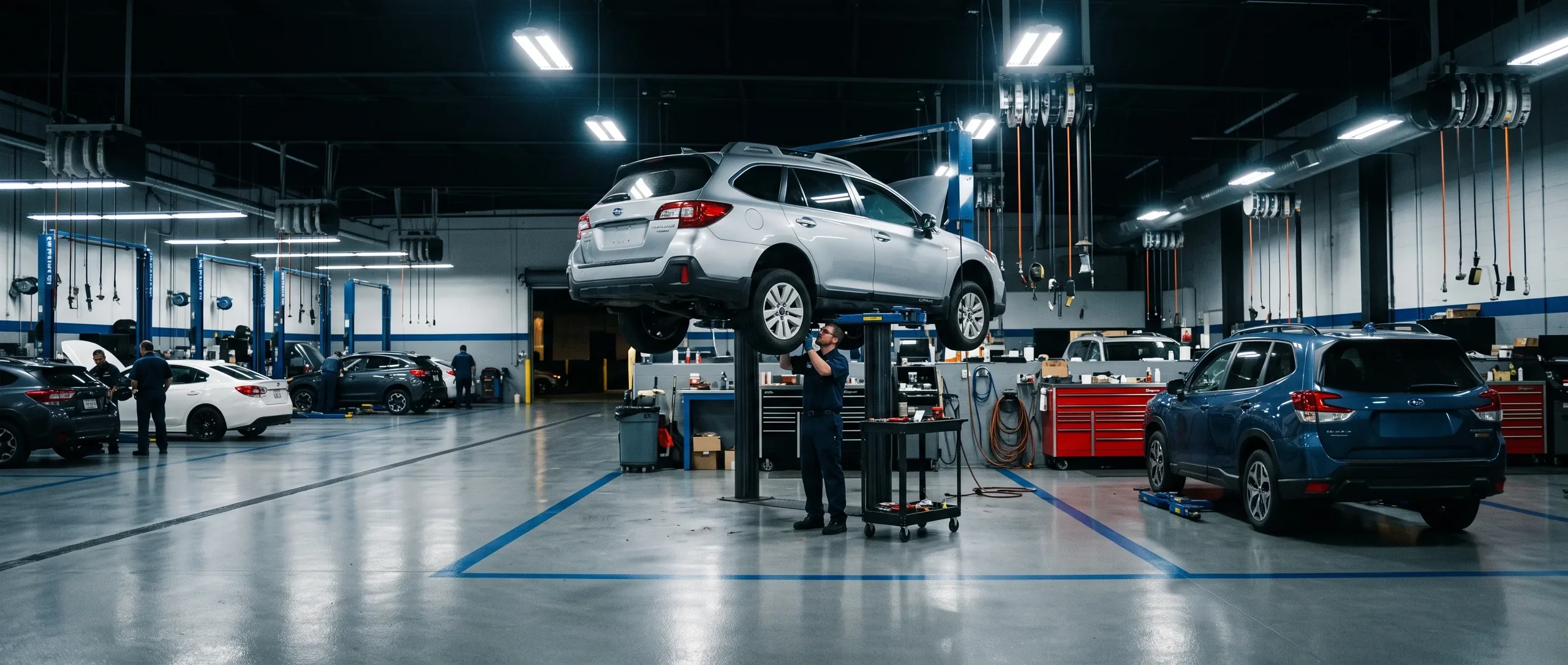 Subaru Outback raised on a service lift in the Briggs Subaru of Topeka service center in Topeka, KS
