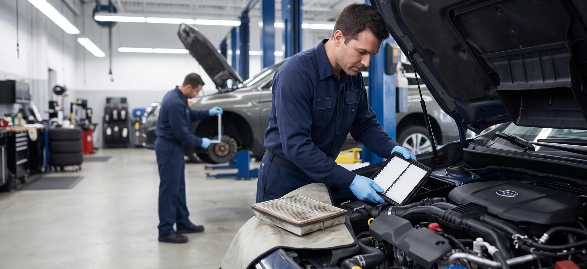 Briggs Subaru of Topeka technician replacing an engine air filter during 30,000-mile maintenance