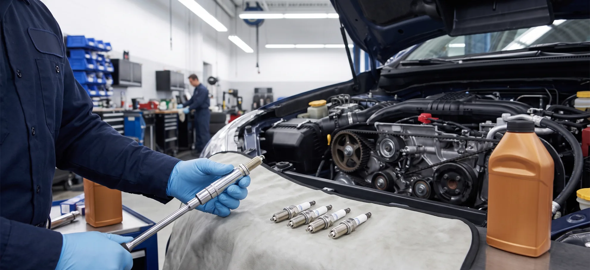 Spark plugs and fluids laid out for a Subaru 60,000-mile scheduled maintenance service in Topeka, KS