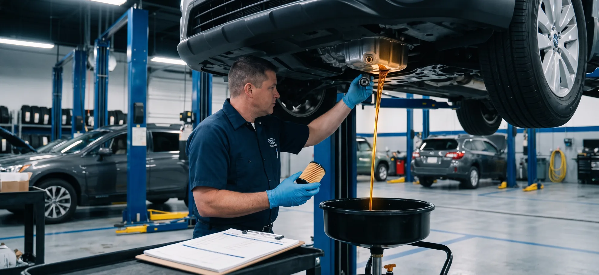 Briggs Subaru of Topeka technician draining oil during 6,000-mile scheduled maintenance service