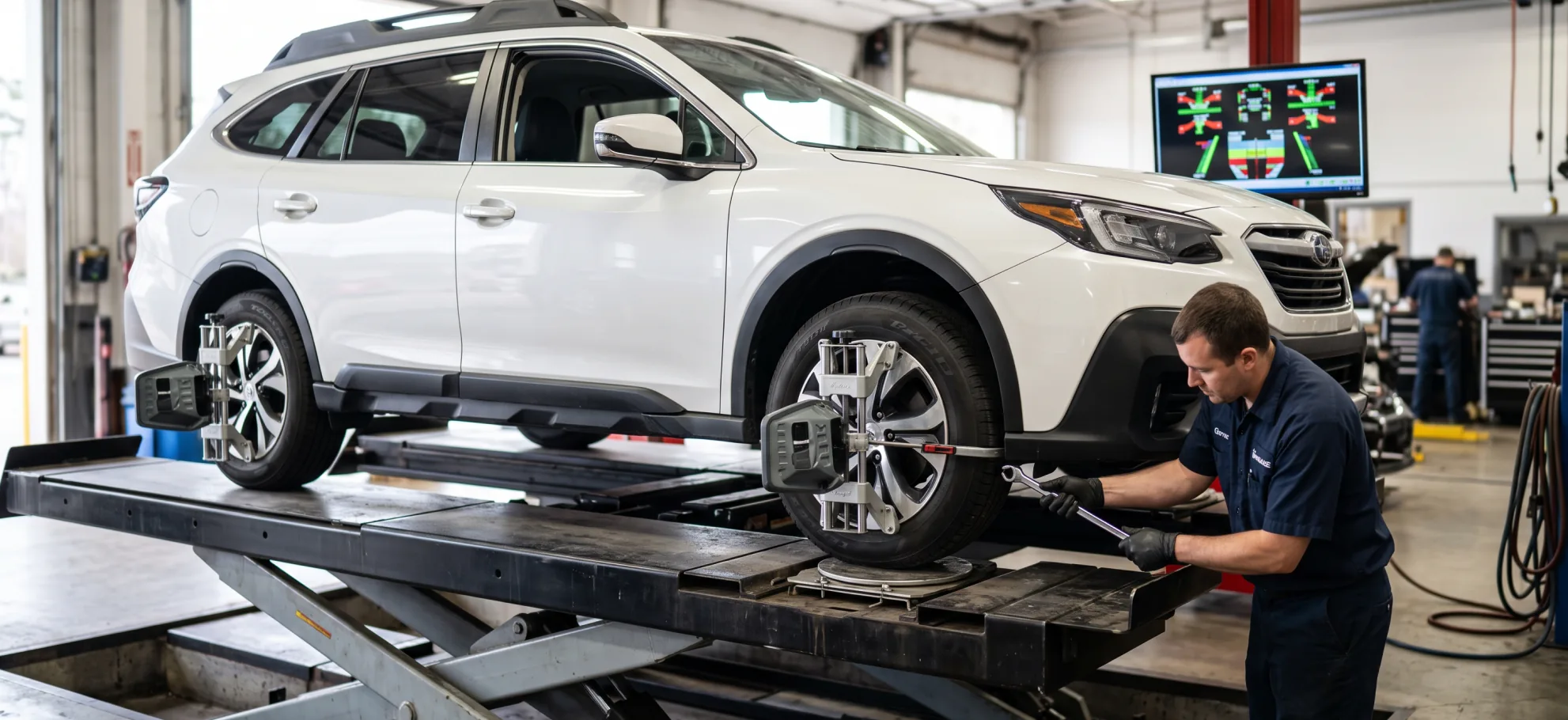 Subaru Outback on the alignment rack for wheel alignment service at Briggs Subaru of Topeka