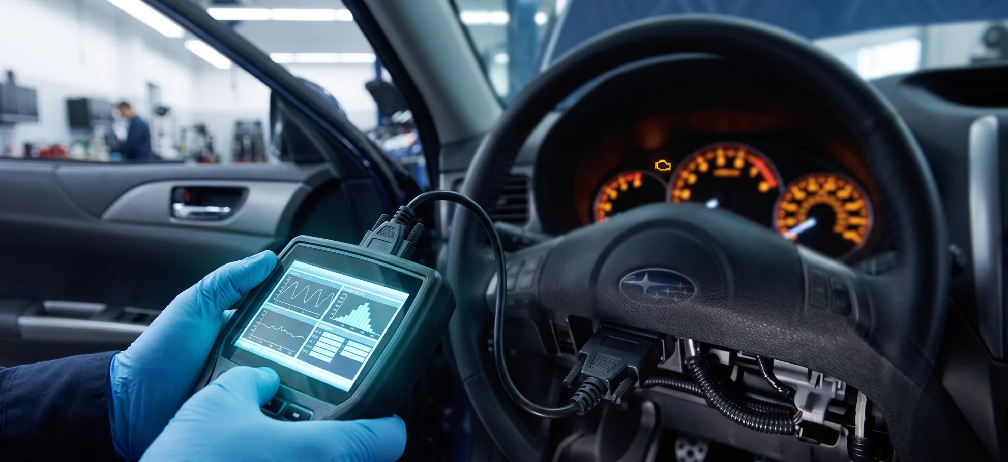 Diagnostic scan tool connected to a Subaru at Briggs Subaru of Topeka to read a check engine light