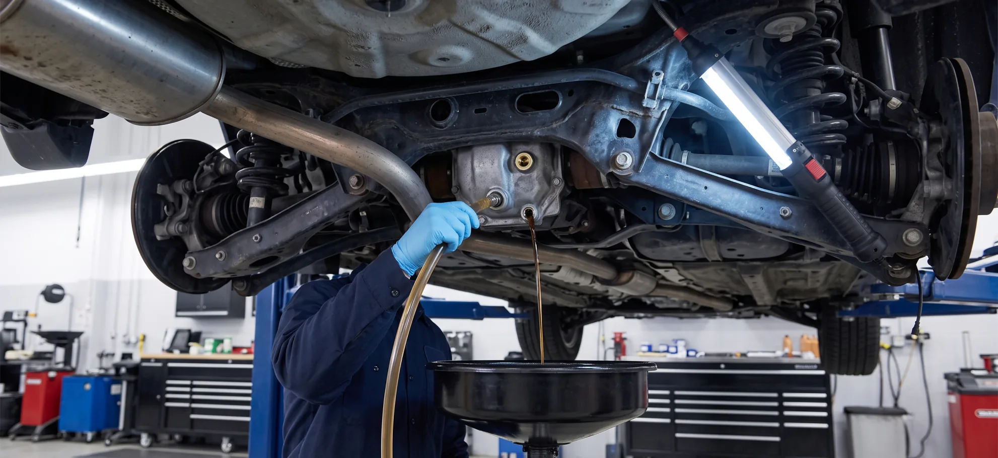 Briggs Subaru of Topeka technician draining differential fluid from a Subaru on the lift