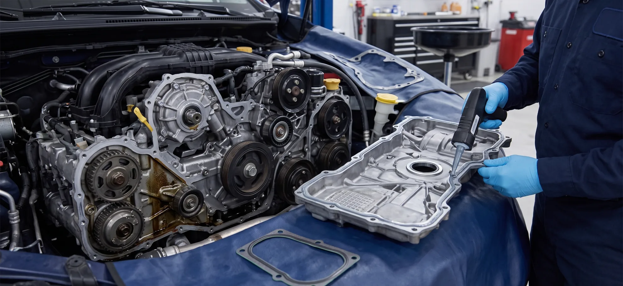 Subaru engine front cover and gasket during a reseal service at Briggs Subaru of Topeka