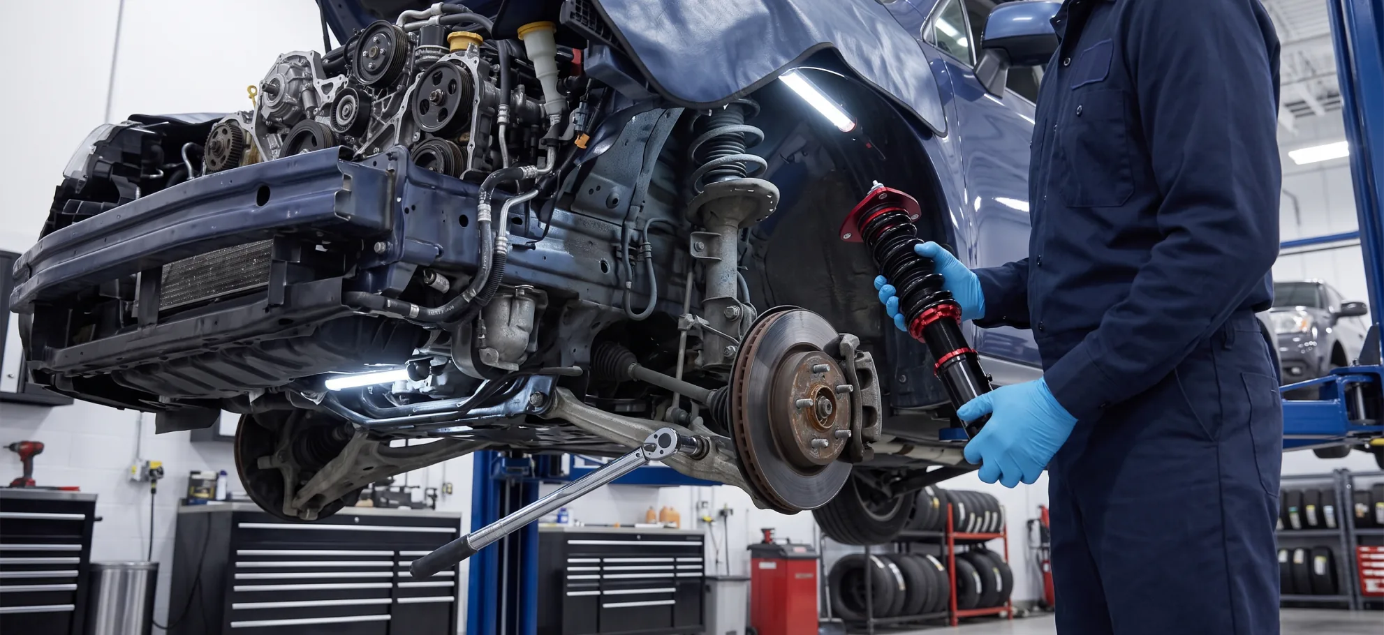 Briggs Subaru of Topeka technician fitting a new strut during Subaru suspension repair