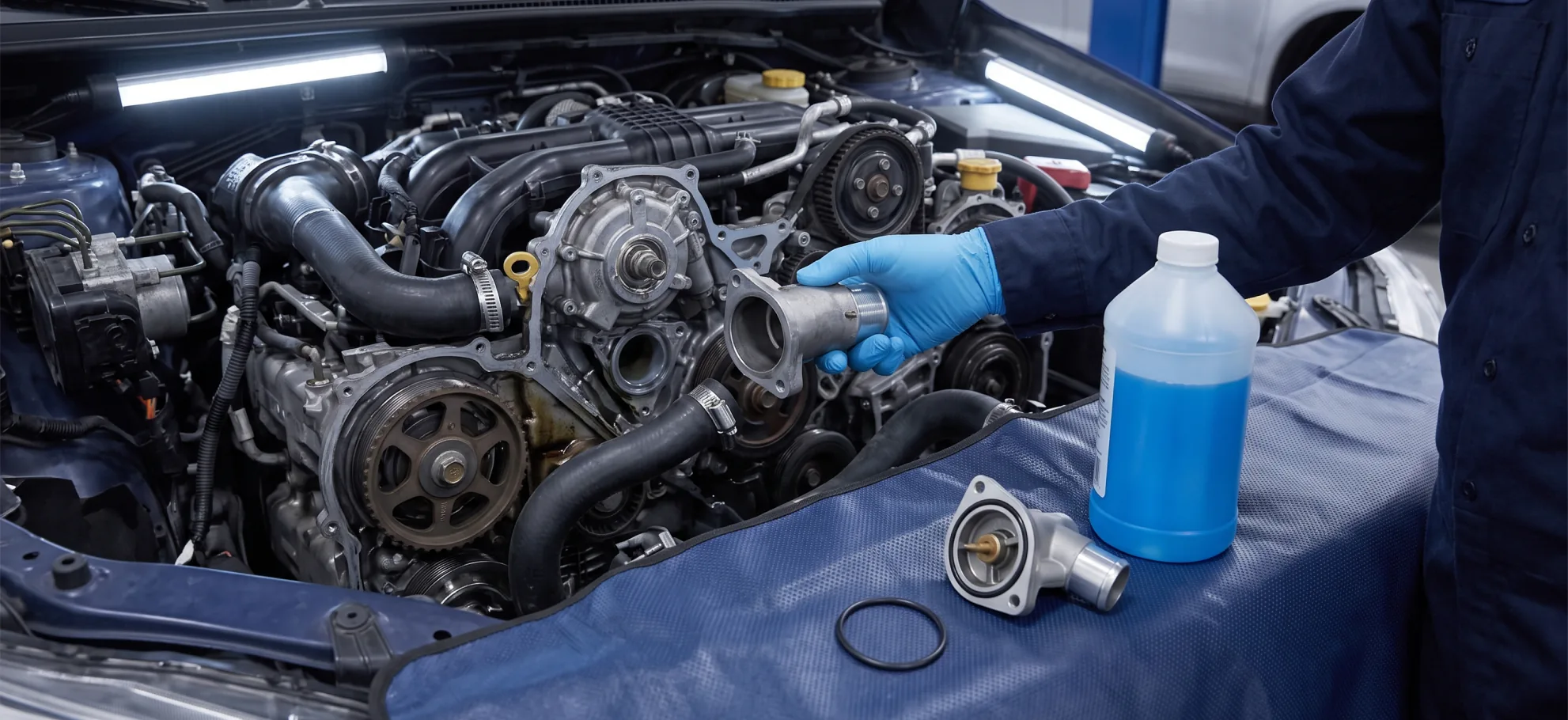 Coolant and thermal control valve replacement on a Subaru engine at Briggs Subaru of Topeka