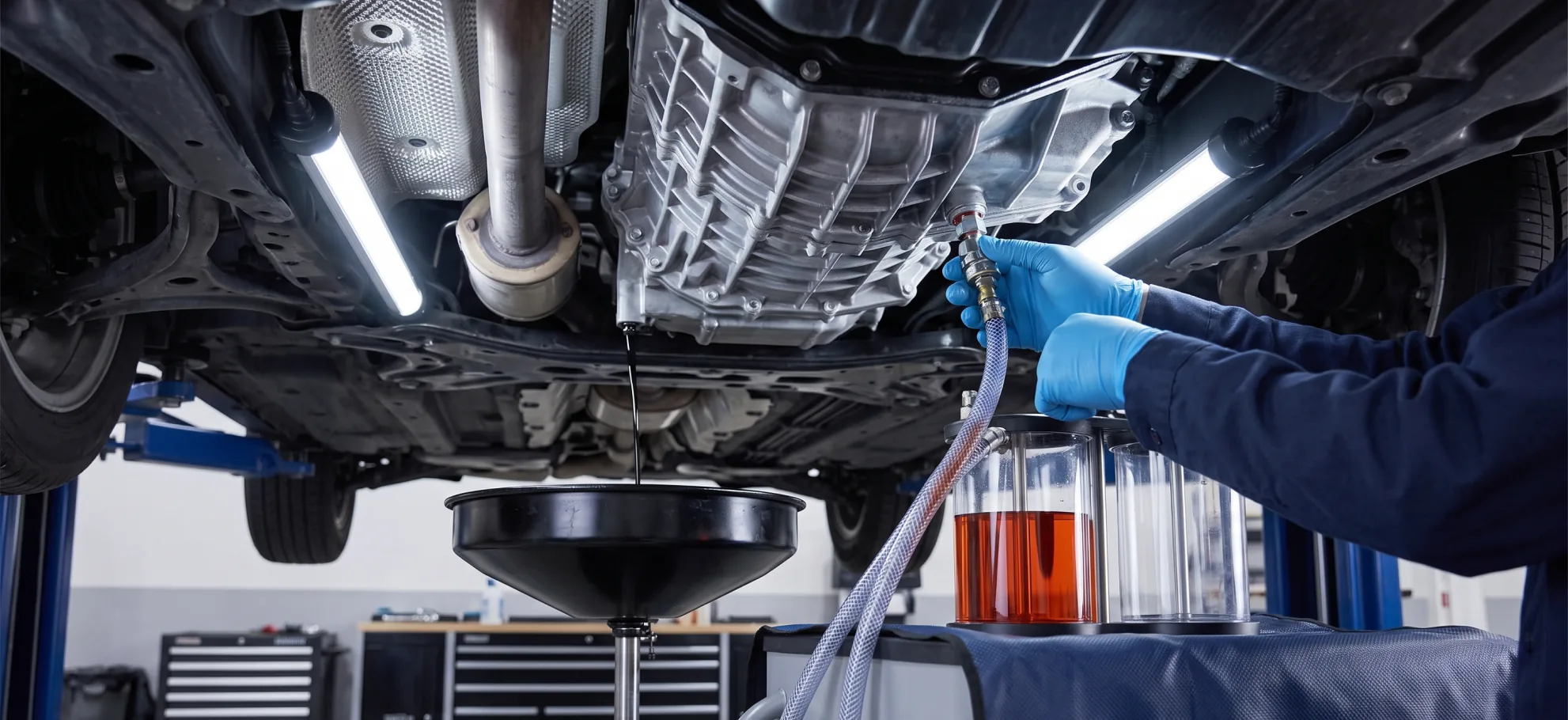 Transmission fluid being exchanged on a Subaru at the Briggs Subaru of Topeka service center